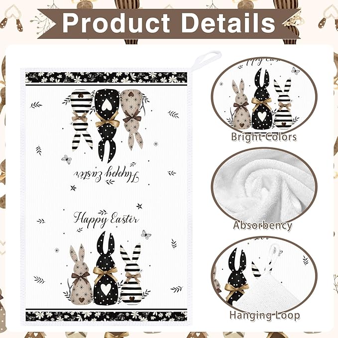 Happy Easter Kitchen Towels, Bunny Eggs Dish Towels Gifts for Cooking Cleaning Set of 4, Farmhouse Spring Rabbits Hand Towels for Bathroom Home Decor