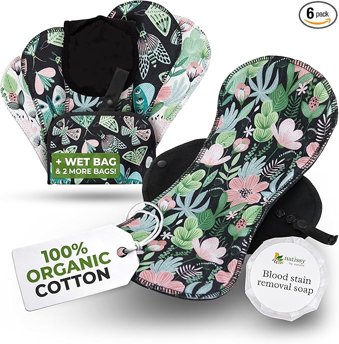Organic Cotton, High Absorbency Reusable Period Pads for Heavy Flow (6 Pack L+XL) - Leak Proof & Odor Free Cloth Pads for Women - High-Temp Washable, Breathable & Skin-Safe for Menstrual Comfort