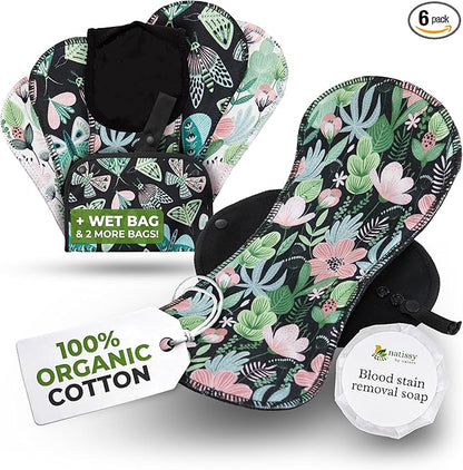 Organic Cotton, High Absorbency Reusable Period Pads for Heavy Flow (6 Pack L+XL) - Leak Proof & Odor Free Cloth Pads for Women - High-Temp Washable, Breathable & Skin-Safe for Menstrual Comfort
