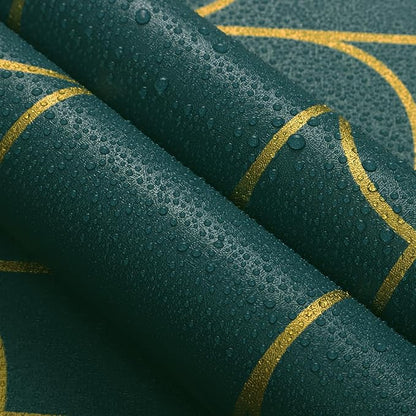 Yasinet Peel and Stick Wallpaper Green and Gold Wallpaper Modern Dark Green Contact Paper Gold Geometric Removable Self Adhesive Wall Paper for Bedroom/Cabinet Waterproof Bathroom Vinyl 393.7" x 17.3"