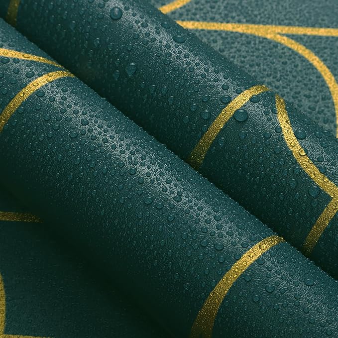 Yasinet Peel and Stick Wallpaper Green and Gold Wallpaper Dark Green Contact Paper Modern Geometric Removable Self Adhesive Wall Paper for Bedroom/Cabinet Waterproof for Bathroom Vinyl 17.3''x118''