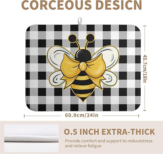 Bee Drying Mats for Kitchen Counter 18×24 Inch Black and White Buffalo Plaid Honey Bee Kitchen Drying Mats for Dishes Summer Microfiber Dish Pad Absorbent Dish Rack Mat