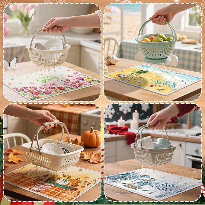 Meanplan 12 Pcs Seasonal Dish Drying Mats for Kitchen 24"x 16" Holiday Microfiber Absorbent Washable Drainer Mat Bulk for Counter Gift Patriotic Summer Home Accessories Decoration(Classic)