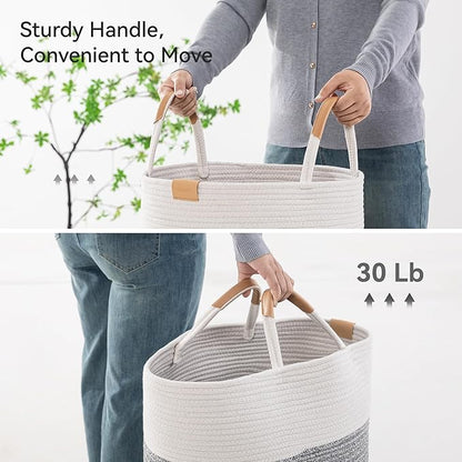95L Striped Laundry Hamper with Leather Handles,Large Foldable Laundry Basket for Clothes,Cotton Rope Storage Bin for Blankets,Woven Clothes Basket for Bedroom,Gray Stripes