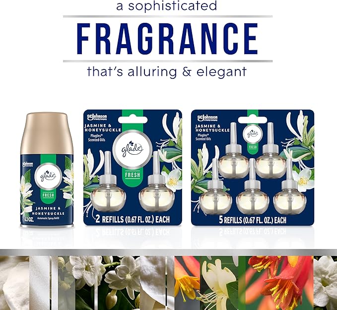 Glade PlugIns Refills Air Freshener, Jasmine & Honeysuckle, Scented and Essential Oils for Home and Bathroom, 0.67 Fl Oz,5 Count (Pack of 2)