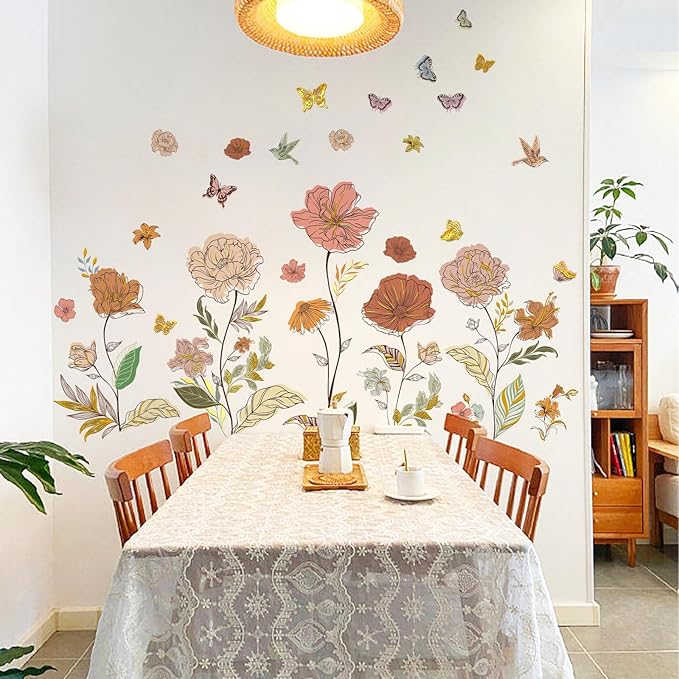 Large Boho Floral Butterfly Wall Stickers Vintage Flower Plants Decals Peel and Stick Decor for Living Room Dining Room Home Decor