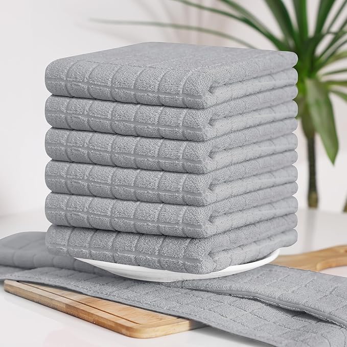 Homaxy Premium Cotton Kitchen Towels 16"x 28", Large Natural Ring Spun 390 GSM Dish Towels, Super Absorbent Terry Kitchen Hand Towels, Soft Tea Towels with Hanging Loop, Pure Light Grey Design, 6 Pack