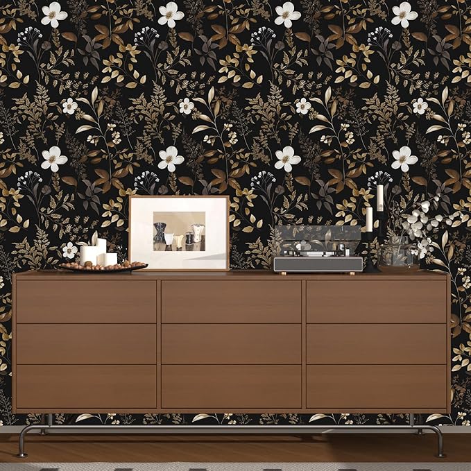 Laatse Black Floral Wallpaper Peel and Stick Boho Wallpapers 17.5" x 118" Gold Leaf Contact Paper for Cabinets Waterproof Self Adhesive Removable Wall Paper for Kitchen Table Countertop Walls