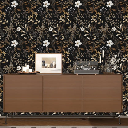Laatse Black Floral Wallpaper Peel and Stick Boho Wallpapers 17.5" x 118" Gold Leaf Contact Paper for Cabinets Waterproof Self Adhesive Removable Wall Paper for Kitchen Table Countertop Walls
