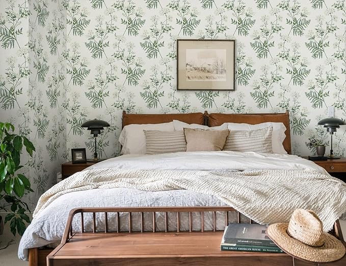 Timeet Green Floral Wallpaper Peel and Stick Floral Leaf Contact Paper 16.14"x393.7" Green White Flower Wallpaper Removable Self Adhesive Wall Paper for Walls Covering