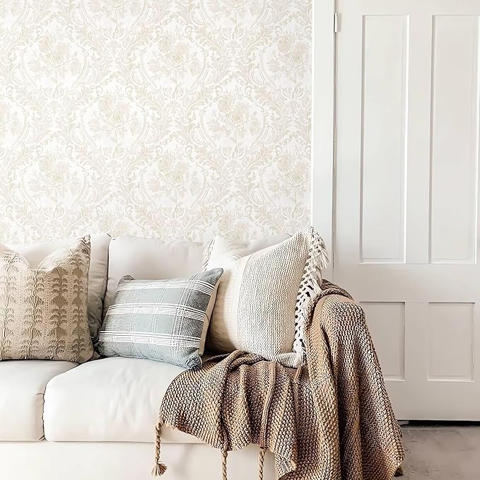 Ismoon Floral Peel and Stick Wallpaper Vintage Beige Contact Paper Boho Watercolor Damask Wall Paper Textured Removable Self Adhesive Vinyl Wallpaper for Cabinet Bedroom Wall Decor, 17.3x196in