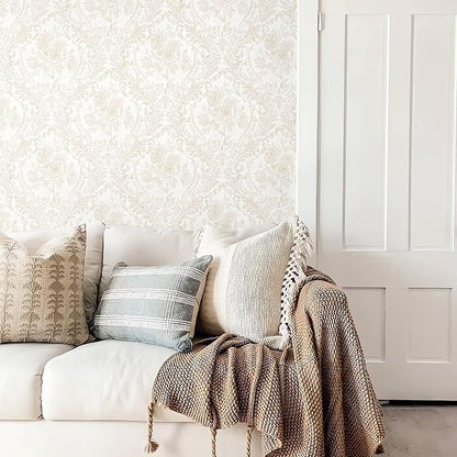 Ismoon Floral Peel and Stick Wallpaper Vintage Beige Contact Paper Boho Watercolor Damask Wall Paper Textured Removable Self Adhesive Vinyl Wallpaper for Cabinet Bedroom Wall Decor, 17.3x590in
