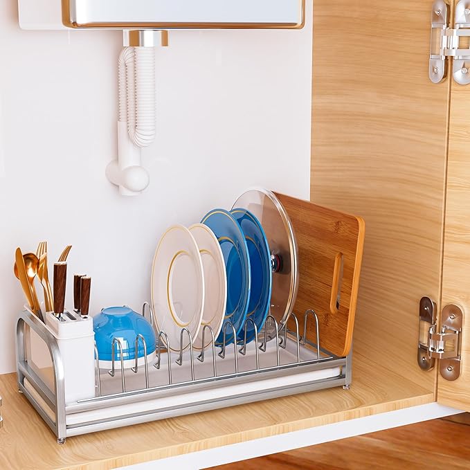 Dish Drying Rack for Small Kitchen Counter, 304 Stainless Steel Small Dish Rack w Utensil Holder & Tray for Limited Space, Rustproof Narrow Dish Rack for Pot & Pan, Plate, Lid (Silvery)
