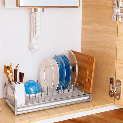 Dish Drying Rack for Small Kitchen Counter, 304 Stainless Steel Small Dish Rack w Utensil Holder & Tray for Limited Space, Rustproof Narrow Dish Rack for Pot & Pan, Plate, Lid (Silvery)