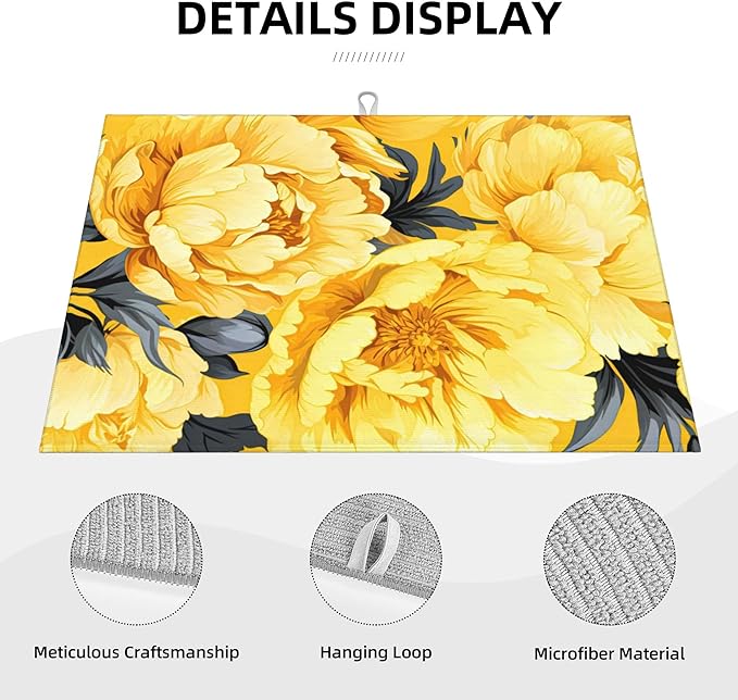 Yellow Peony Dish Drying Mats for Kitchen Counter, Absorbent Reversible Microfiber Dish Drying Pad, Multi-Use Large Drying Mat Coffee Bar Accessories 18"x24"