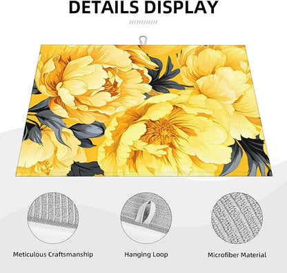 Yellow Peony Dish Drying Mats for Kitchen Counter, Absorbent Reversible Microfiber Dish Drying Pad, Multi-Use Large Drying Mat Coffee Bar Accessories 18"x24"