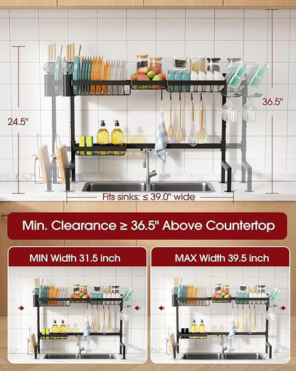 Sakugi Over The Sink Dish Drying Rack - Adjustable 2 Tier X-Large Capacity Stainless Steel Drainer with Cutlery & Utensil Holders, Kitchen Storage & Organization, 31.5"-39.5"L x 12"W x 24.5"H, Black