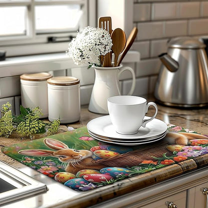 Easter Bunny Eggs Dish Drying Mat for Kitchen Counter 18x24 Inch Spring Easter Rabbit Flowers Large Drying Mat Microfiber Dish Drainer Rack Mats Absorbent Reversible Dishes Pad Dish Dryer Mat
