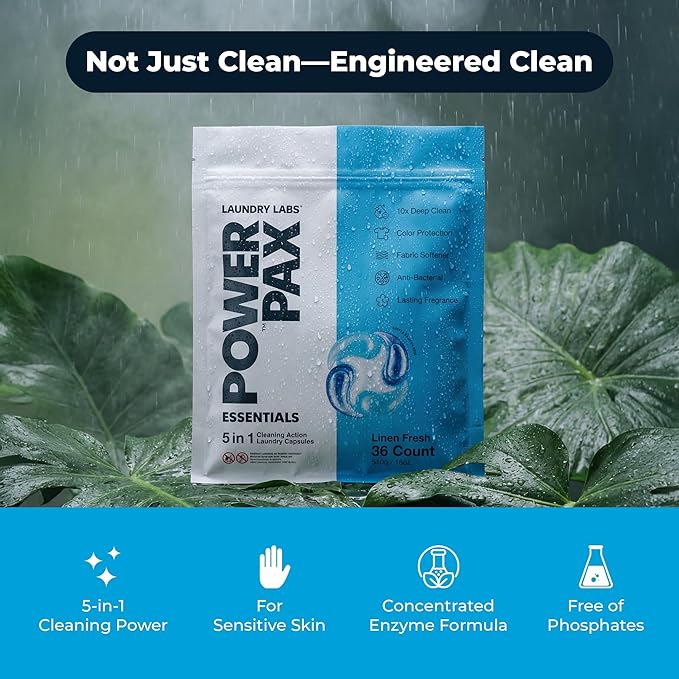 PowerPax 5-in-1 Laundry Detergent Pods, 36 Count Concentrated Enzyme Clean pods for Stain Removal, Odor Control, Fabric Softening & Color Care, Linen Fresh