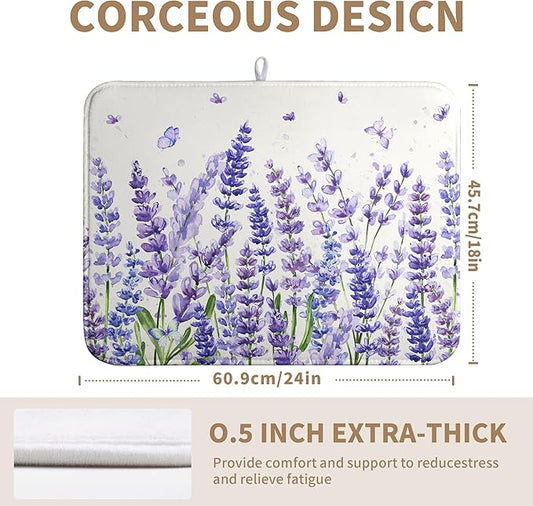 Purple Lavender Dish Drying Mat for Kitchen Counter Spring Summer Flower Floral Dishes Drainer Mats Absorbent Microfiber Dish Drying Pad Washable Dish Draining Mat Extra Large 18x24 Inch