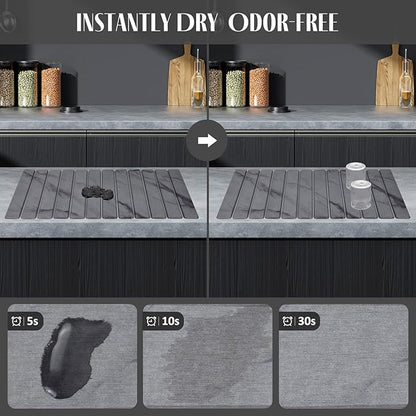 2 PCS Extra Large Stone Dish Drying Mat for Kitchen Counter, 28"×16" Marble Dish Drying Mat with 8"x 4" Coasters, Non - Slip Collapsible Absorbent Mat for Multi - Purpose, Match Any Countertop
