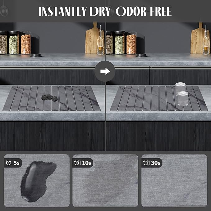 2 PCS Extra Large Stone Dish Drying Mat for Kitchen Counter, 28"×16" Marble Dish Drying Mat with 8"x 4" Coasters, Non - Slip Collapsible Absorbent Stone Dish Drying Mat for Multi - Purpose