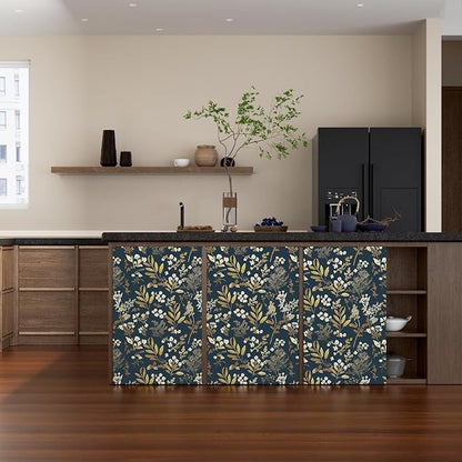 Laatse Dark Blue Leaf Wallpaper Peel and Stick Dark Floral Wallpaper for Bedroom Vintage Leaf Contact Paper Waterproof Self Adhesive Boho Floral Wall Paper for Bedroom Walls Countertop 17.5in x 393in