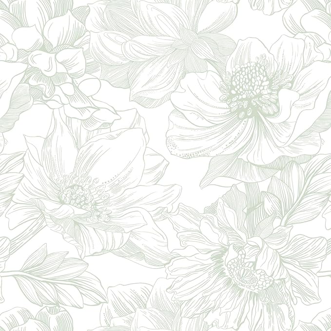 Ismoon Large Floral Peel and Stick Wallpaper Boho White and Green Contact Paper 17.3inx6.5ft Modern Wall Paper Removable Self Adhesive Vinyl Wallpaper for Bedroom Cabinet Bathroom Mural Wall Decor