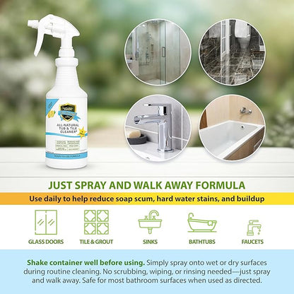 Natural Armor Tub & Tile Cleaner Spray - Daily No-Rinse Bathroom Cleaner w/Peppermint Scent for Shower Glass, Tile, Grout & Tubs - Plant-Based Formula Safe for People & Pets (32 fl oz Quart)