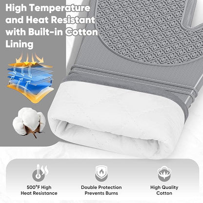 Silicone Oven Mitts, Heat Resistant Oven Gloves with Quilted Liner, Waterproof & Non-Slip Kitchen Mittens for Baking Cooking BBQ, 500°F, 12.5"-Light Gray