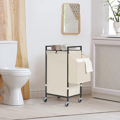 Laundry Hamper with Rustic Brown Lid & Wheels; 96L Large Rolling Laundry Basket with Removable Oxford Liner Bag; Tall Freestanding Dirty Clothes Hamper with Side Pocket; Metal Frame Laundry Cart