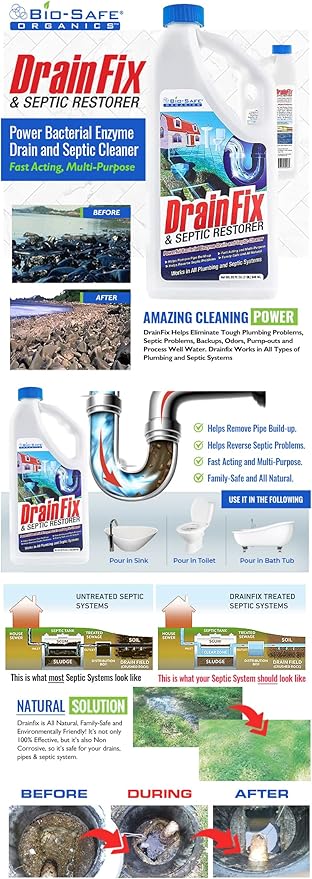 Drainfix & Septic Restorer 32 Oz Septic Tank Treatment | Drainfield Treatment | Septic Safe Drain Cleaner | Enzyme Drain Cleaner | Septic Cleaner | Exxon Valdez Patented - 18 Pack