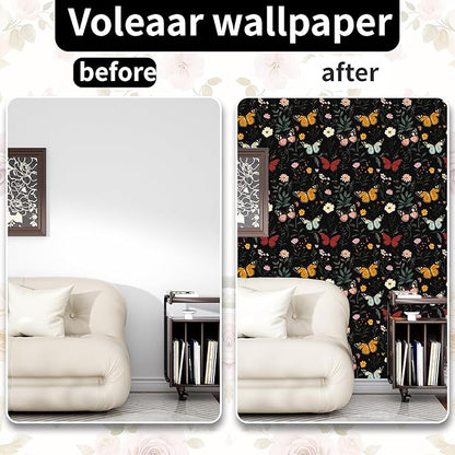 Dark Butterfly Wallpaper Peel and Stick, Vintage Black Butterfly Floral Self Adhesive Removable Wall Paper for Nursery Bedroom Cabinet, Vinyl Boho Colorful Contact Paper Decor 17.5In x 118In