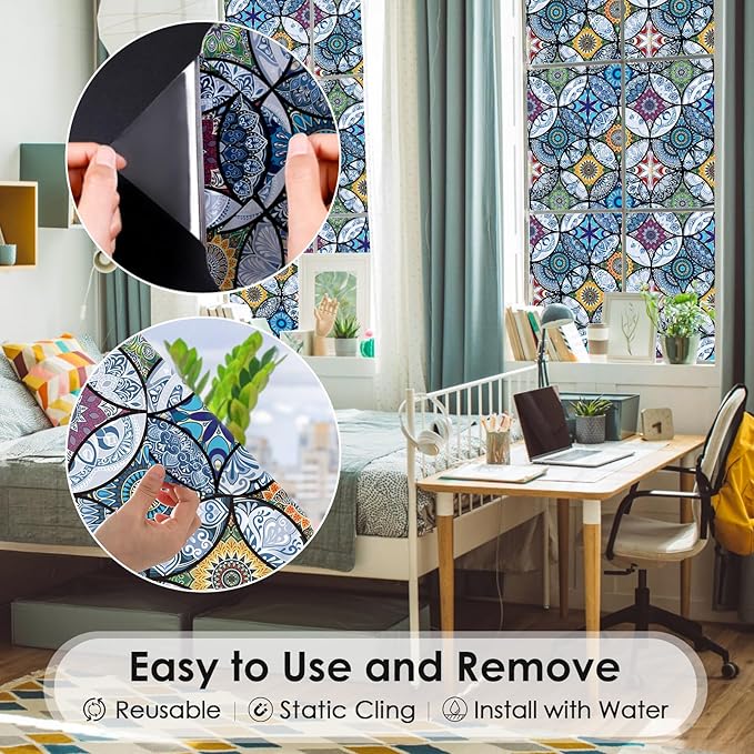 DKTIE Static Cling Decorative Window Film with Installation Tools Non Adhesive Privacy Film Stained Glass Window Film for Bathroom Shower Door Heat Cotrol Anti UV 17.7 x 118.1 Inch