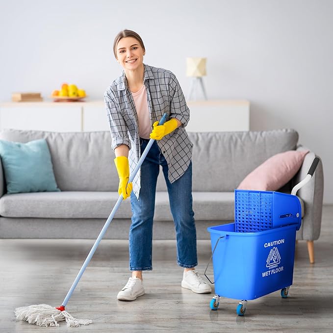 HOMCOM Commercial Mop Bucket with Side Press Wringer on Wheels for Floor Cleaning, 21 Quart, Separate Dirty and Clean Water, for Home Apartment Small Business and Office, Blue