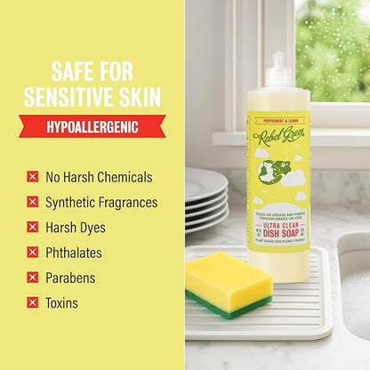 Rebel Green Super Deluxe Dish Soap - Plant-Derived Sustainable Dishwashing Soap - Peppermint & Lemon Scent - 16 fl oz - 2 Pack