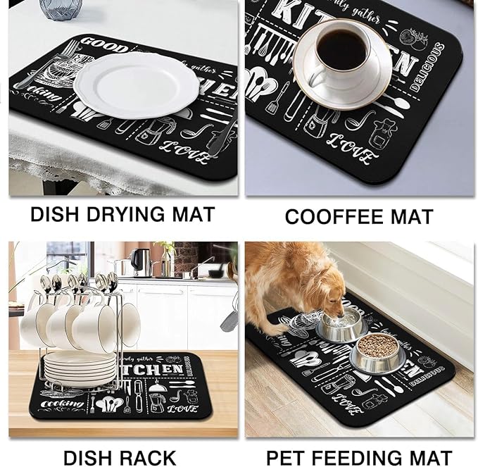 Dish Drying Mat for Kitchen Counter 2 Pack with Non-Slip Rubber Backing - Heat-Resistant Absorbent Coffee Bar Mat, Dish Rack Mat, Black Kitchen Dish Drying Mats 18x24+19.5x12 inch