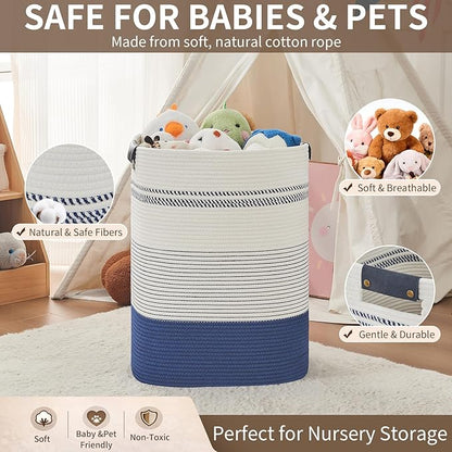 Large Laundry Basket - Tall Woven Rope Laundry Hamper with Leather Handles - Dirty Clothes hamper for Living room, Bedroom, 17" X 13.8" X 22", Dark Blue & White