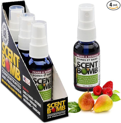 Scent Bomb Air Freshener Spray, Long-Lasting Odor Eliminator - Effective Deodorizer for Home & Car, Fresh Room Spray for Kitchen, Bathroom & Smell Neutralizer - 1 oz Pack of 4, Pears and Berries Scent