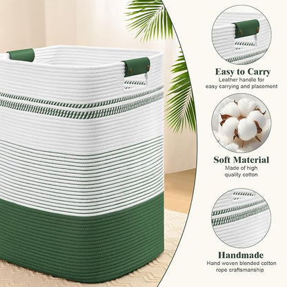Laundry Hamper, 85L Tall Laundry Basket with Leather Handles, Rectangle Large Clothes Hamper for Organizing, Cotton Woven Laundry Baskets Storage Hampers for Bedroom, Nursery, Living Room