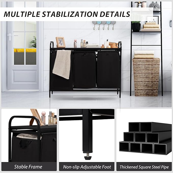 3 Section Laundry Hamper with Shelf, Laundry Basket Organizer with 3 Pull-Out Removable Bags 3×12.3Gal(46.6L), Laundry Sorter for Clothes Organization in Bedroom, Laundry Room, Black