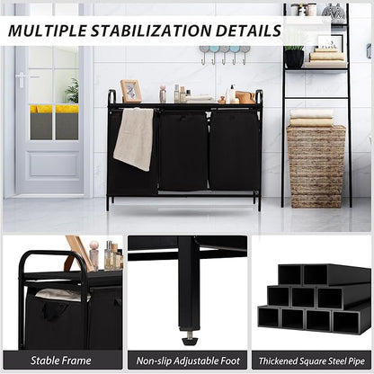 3 Section Laundry Hamper with Shelf, Laundry Basket Organizer with 3 Pull-Out Removable Bags 3×12.3Gal(46.6L), Laundry Sorter for Clothes Organization in Bedroom, Laundry Room, Black