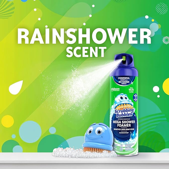 Scrubbing Bubbles Mega Shower Foamer and Disinfectant Aerosol, Rainshower, 20 oz,(Pack of 8)