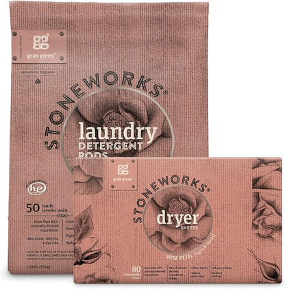 Grab Green Stoneworks Laundry Detergent Pods and Dryer Sheet Bundle (Rose Petal) | 80 Count