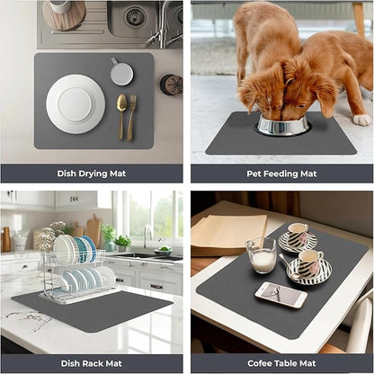 Dish Drying Mat Super Absorbent – 24" x 16" Coffee Mat for Countertops – Non-Slip Drying Mat for Kitchen Counter – Easy to Clean Water Absorbent Mat – Large Dish Drying Mats (Dark Gray)