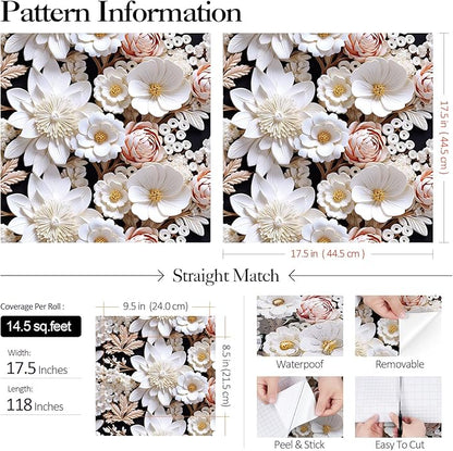 FunStick White 3D Floral Wallpaper Pink Embossed Flower Peel and Stick Wallpaper for Bedroom Wall Decor Ceiling Black White Floral Contact Paper for Cabinets Waterproof Removable Wall Paper 17.5"x118"
