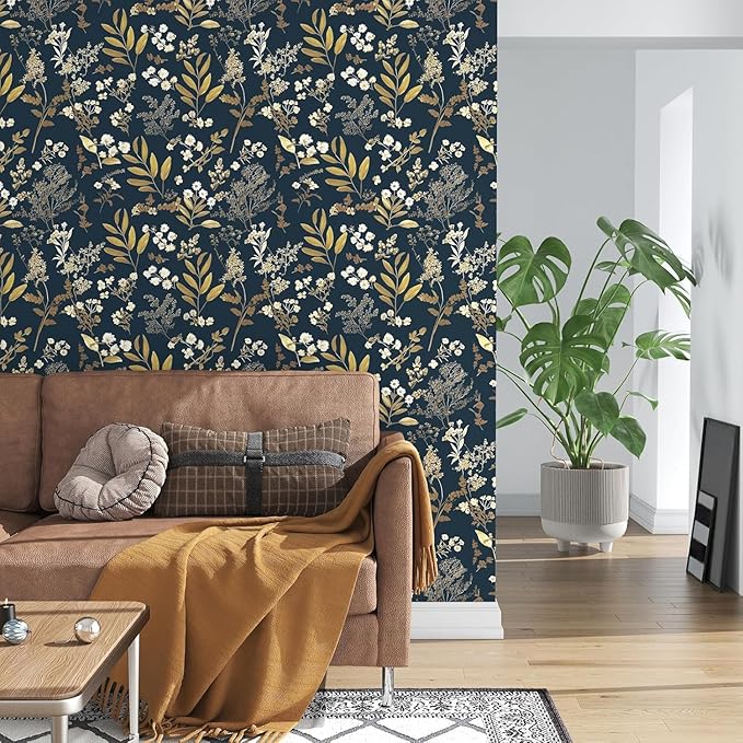 Laatse Dark Blue Leaf Wallpaper Peel and Stick Dark Floral Wallpaper for Bedroom Vintage Leaf Contact Paper Waterproof Self Adhesive Boho Floral Wall Paper for Bedroom Walls Countertop 17.5in x 393in