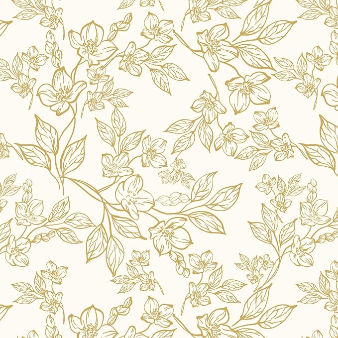 Ismoon Floral Wallpaper Peel and Stick Vintage Flower Beige and Gold Contact Paper for Cabinet Textured Removable Self Adhesive Vinyl Wallpaper for Bedroom 17.3x393in