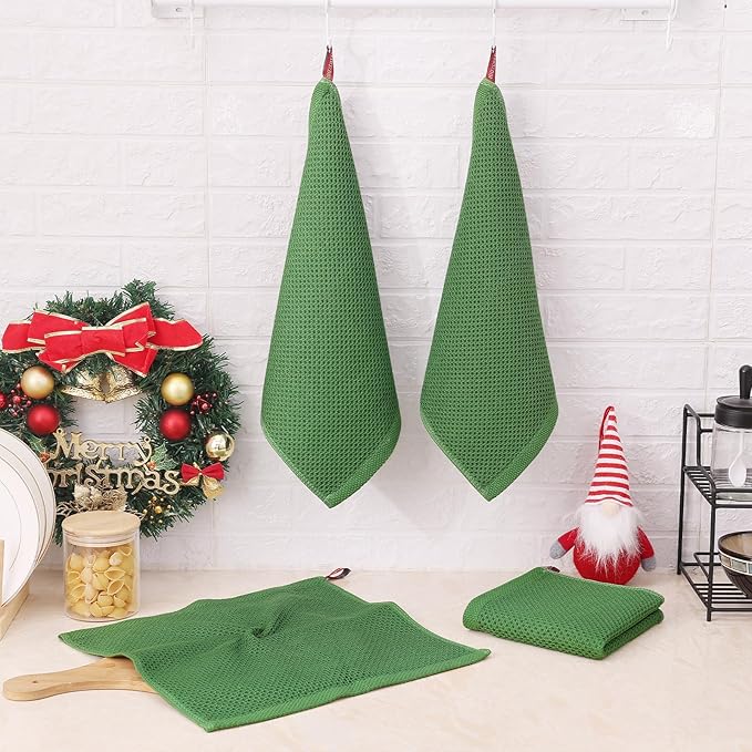 Kitinjoy 100% Cotton Kitchen Dish Cloths (12 X 12 Inches, Grass Green), 8 Pack Waffle Weave Ultra Soft Absorbent Dish Towels for Drying Dishes Quick Drying Kitchen Towels Dish Rags
