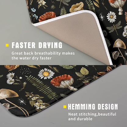 Mushroom Fern Leaves Berry Dish Drying Pad 16 x 18 Inch with Absorbent Reversible Microfiber Vintage Botanical Nature Forest Black Drying Mats For Kitchen Counter Dining Room Decoration